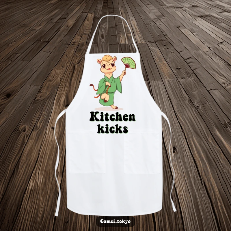 Funny apron with a camel in a green kimono playfully kicking a fan, designed for playful and humorous cooking.
