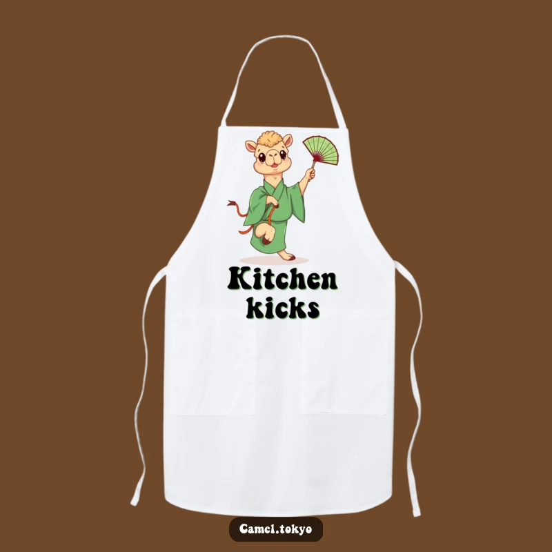 Funny Kicking Camel Apron: Green Kimono Chef's Wear for Playful Cooking