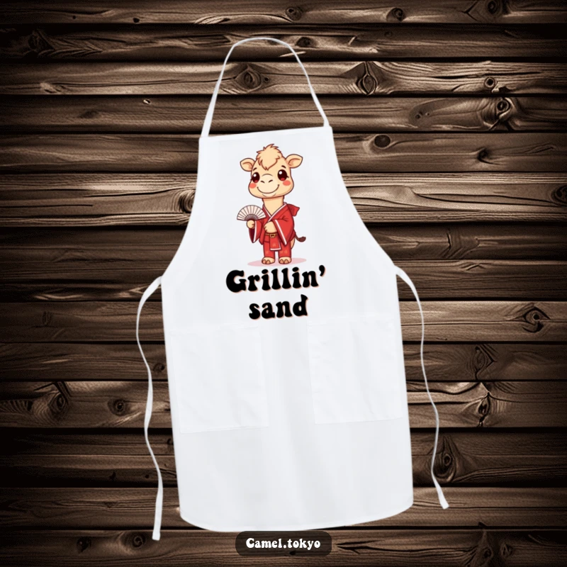 Funny apron with a smiling camel in a red kimono, holding a fan, designed for humorous and stylish cooking.