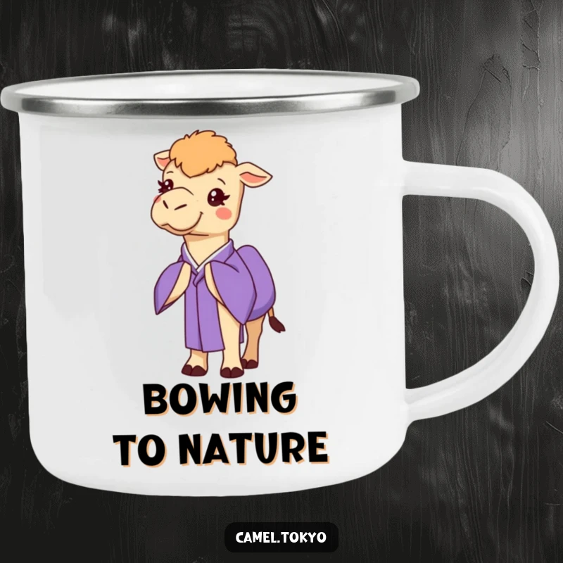 Funny camel in a purple kimono, bowing politely, designed for outdoor enjoyment and conversation.