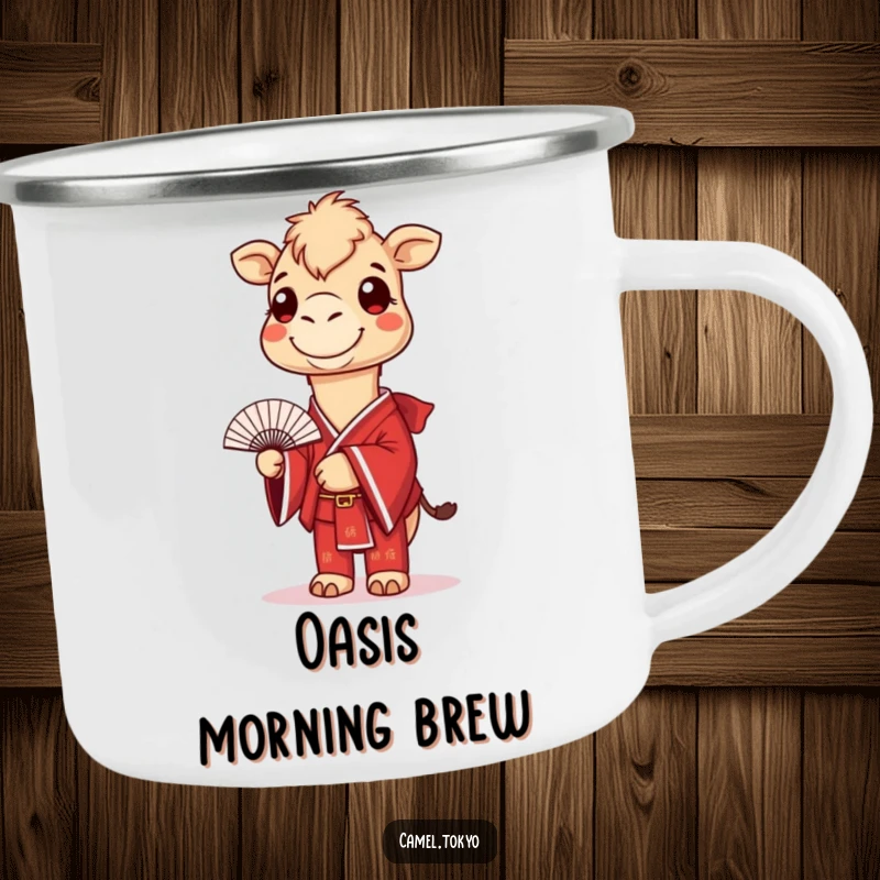 Funny camping mug with a smiling camel in a red kimono, holding a fan, a humorous and durable drinkware.