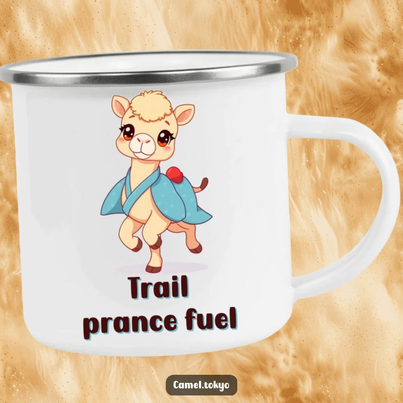 Funny camping mug with a bright-eyed camel in a blue kimono, prancing lightly, a humorous and durable drinkware.