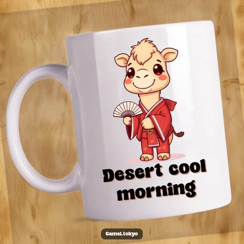 Funny mug with a smiling camel dressed in a red kimono, holding a delicate fan, a whimsical character gift.