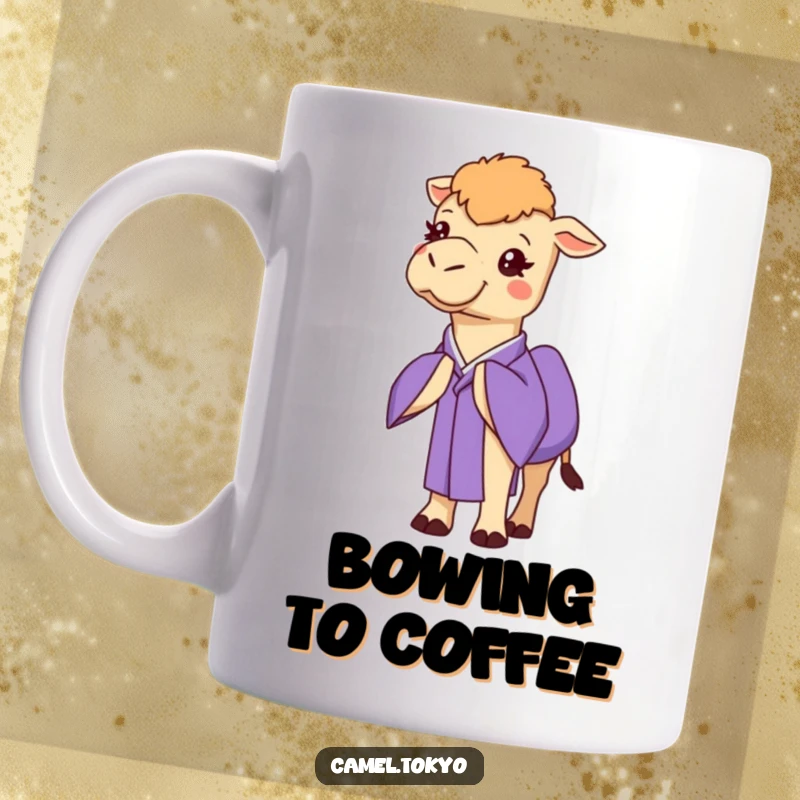 Funny, cheerful camel wearing a purple kimono, bowing respectfully with a warm smile.