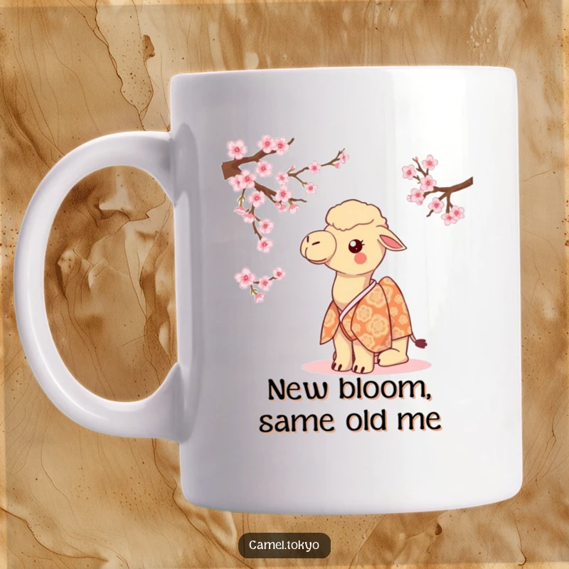 Funny camel in a patterned kimono looking curiously at delicate cherry blossoms, bringing a smile to your face.
