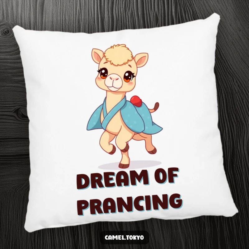 Funny pillow featuring a bright-eyed camel in a blue kimono, prancing lightly, offering humorous comfort and decor.