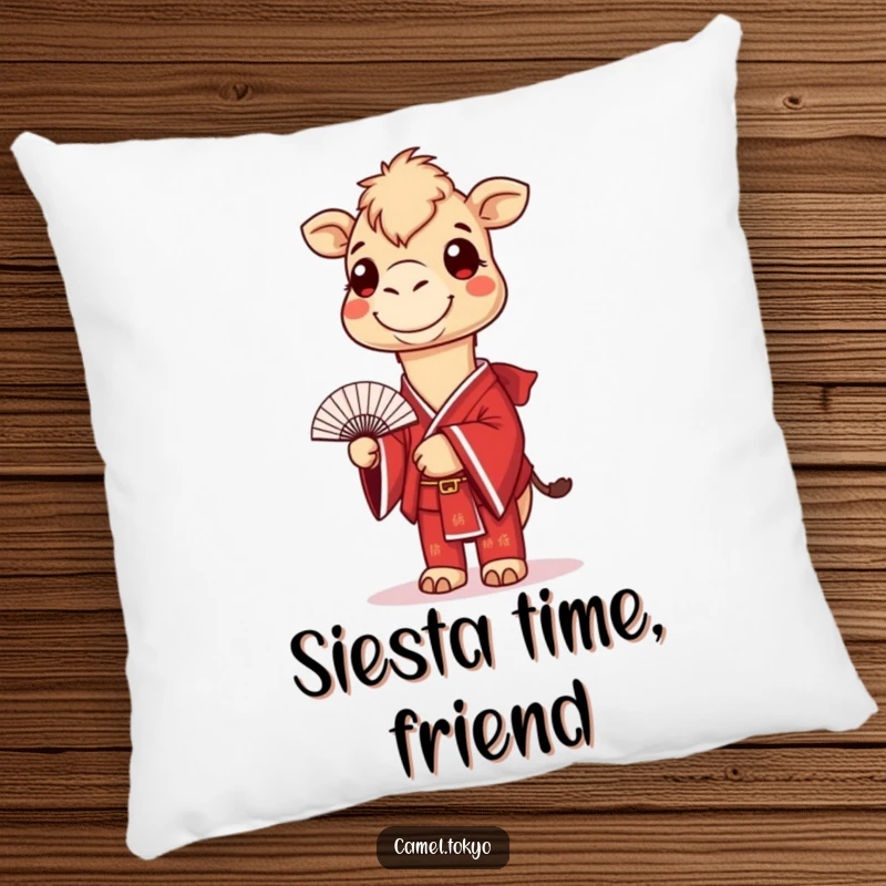 Funny pillow featuring a smiling camel in a red kimono, holding a fan, offering humorous comfort and decor.