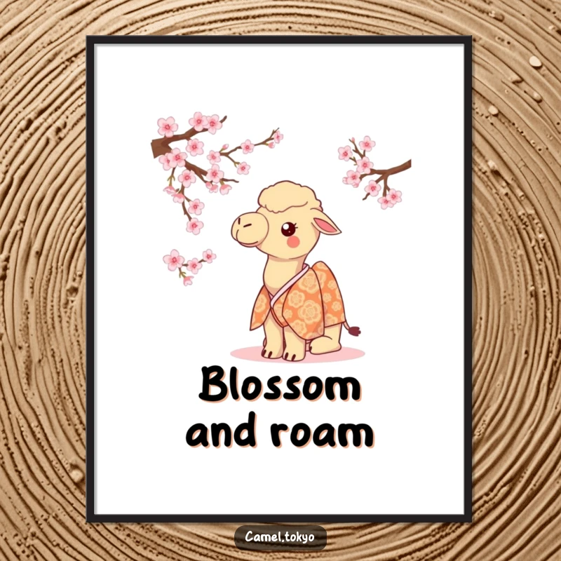 Funny camel in a patterned kimono, curiously admiring cherry blossoms, ready to be printed.