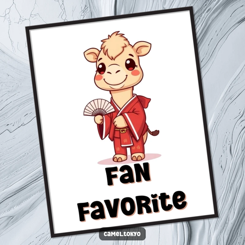 Funny digital art print of a smiling camel in a red kimono, holding a fan, offering instant humorous decor.