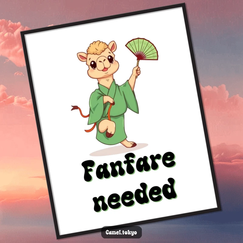 Funny digital art print of a camel in a green kimono playfully kicking a fan, offering instant humorous decor.