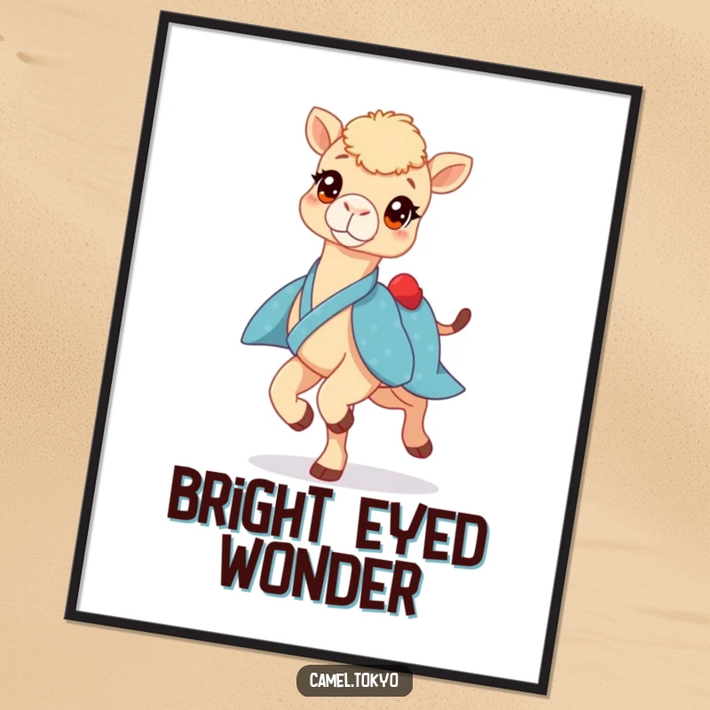 Funny digital art print of a bright-eyed camel in a blue kimono, prancing lightly, offering instant humorous decor.