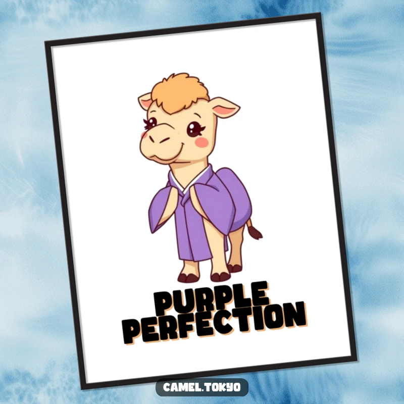 Funny camel wearing a purple kimono, bowing slightly, high-quality digital art for instant download.