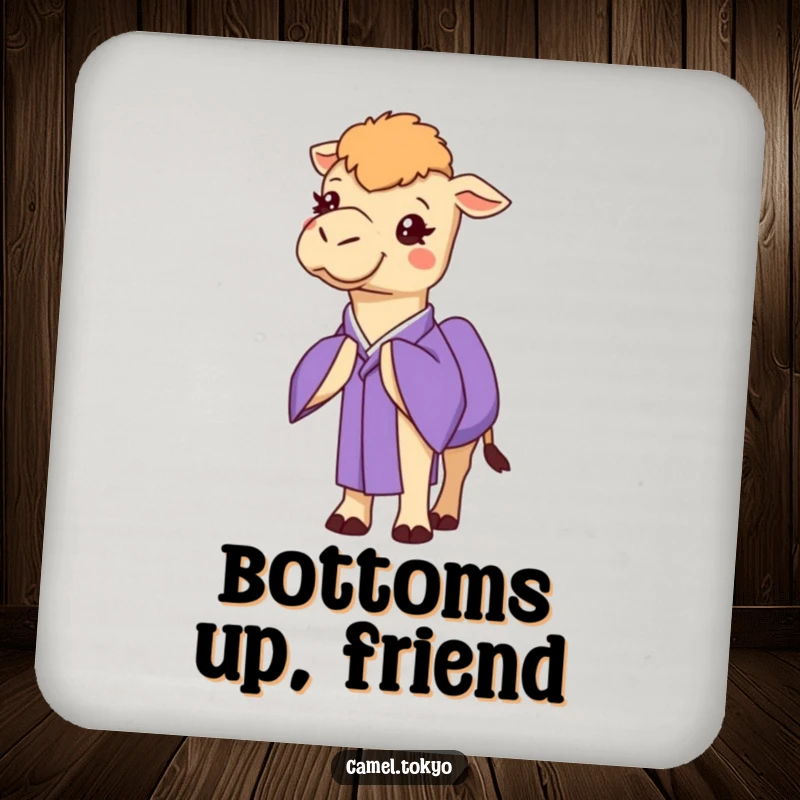 Funny camel in a purple kimono, bowing politely, a stylish and protective addition to surfaces.