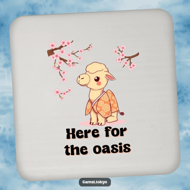 Funny camel in a kimono, observing cherry blossoms, guarding your furniture with style.