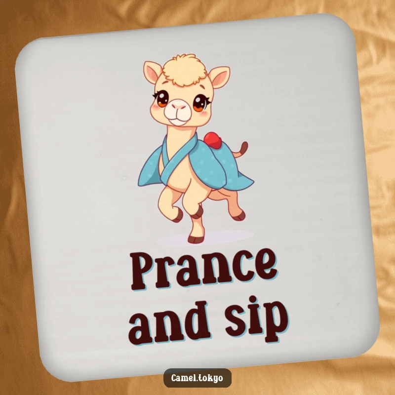 Funny drink coaster with a bright-eyed camel in a blue kimono, prancing lightly, protecting surfaces with humor.