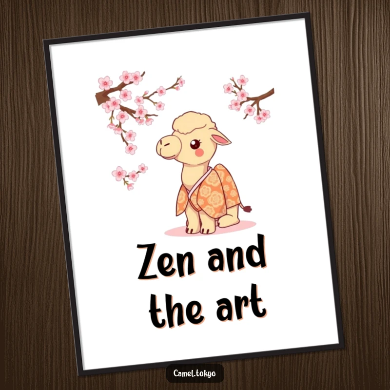 Funny camel dressed in a patterned kimono, curiously admiring the elegance of cherry blossoms on your wall.