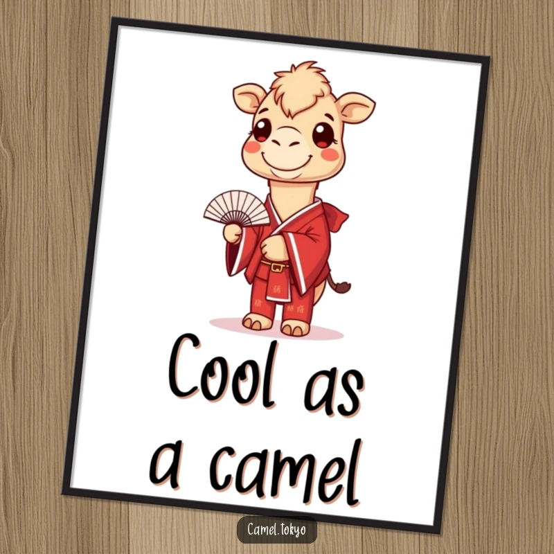 Funny poster art of a smiling camel in a red kimono, holding a small fan, adding exotic humor.