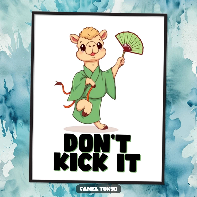 Funny poster art of a camel in a green kimono playfully kicking a decorative fan, adding dynamic and humorous decor.