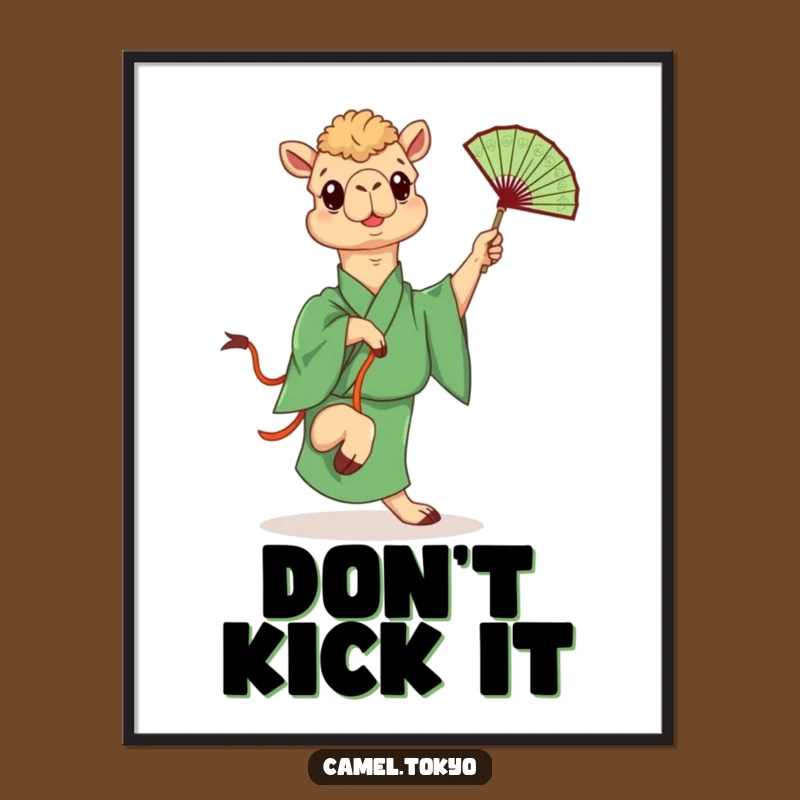 Funny Kicking Camel Poster: Green Kimono Fan Fighter Art