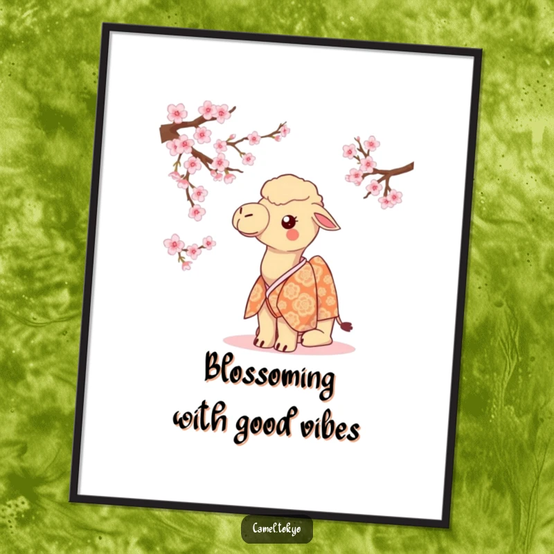 Funny Free Printable Wall Art: Camel wearing a patterned kimono, curiously observing cherry blossoms, charming decor.