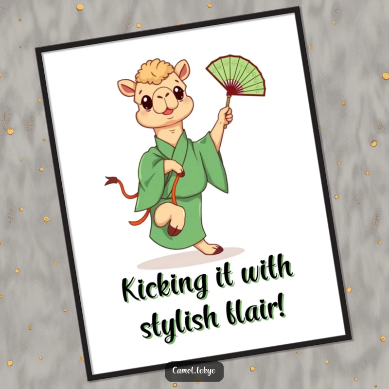 Funny Free Printable Wall Art: Camel wearing a green kimono, playfully kicking a decorative fan, adding a dynamic and humorous element to any wall.