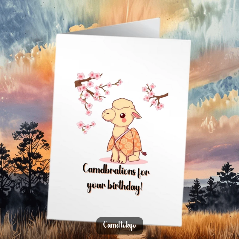 Funny Free Printable Birthday Card: Camel in patterned kimono, curious about cherry blossoms, ready for laughs.