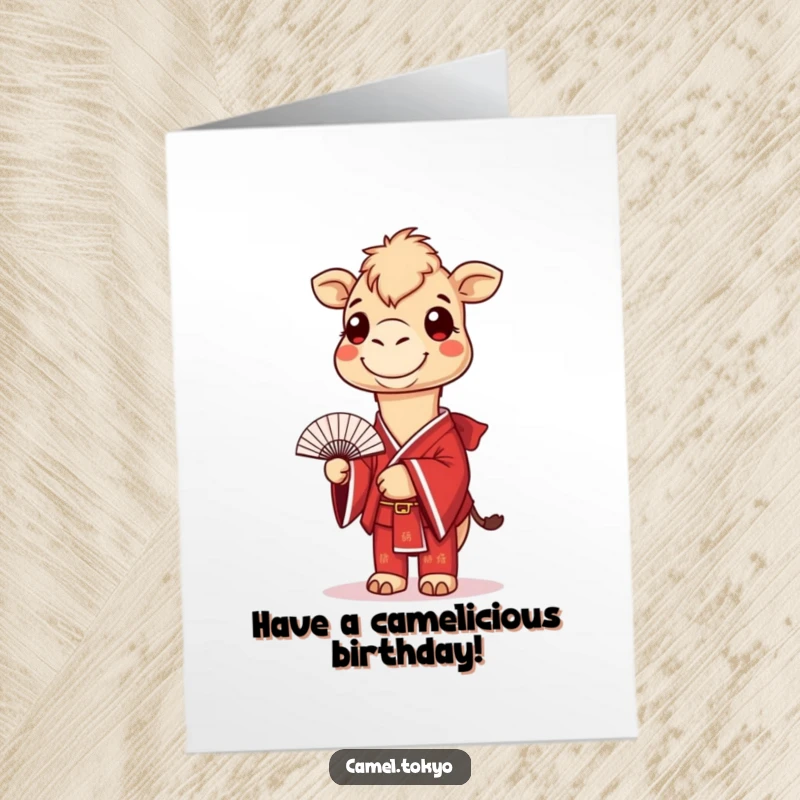 Funny Free Printable Birthday Card: Smiling camel in red kimono holding a fan, exuding elegance and humor for a birthday surprise.