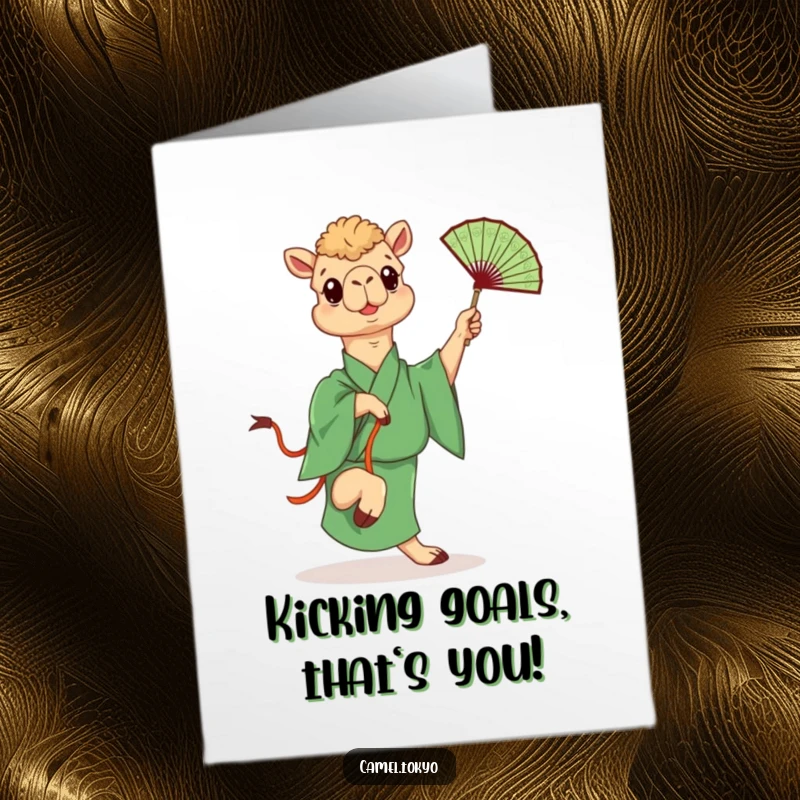 Funny Free Printable Congrats Card: Camel in green kimono playfully kicking a decorative fan, celebrating success with dynamic energy and humorous flair.
