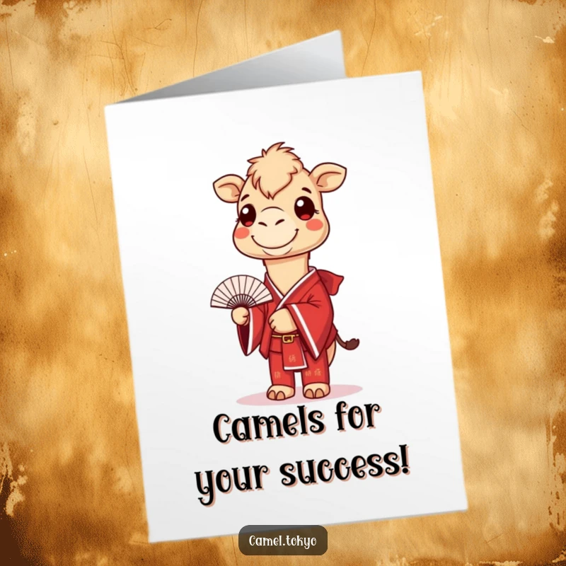 Funny Free Printable Congrats Card: Smiling camel in red kimono holding a fan, celebrating success with elegance and a playful, humorous touch.