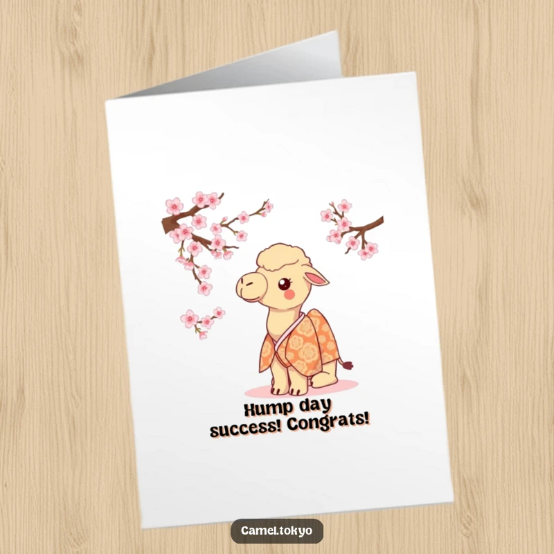 Funny Free Printable Congrats Card: Camel wearing a kimono, looking curiously at blossoms, perfect for congratulations.