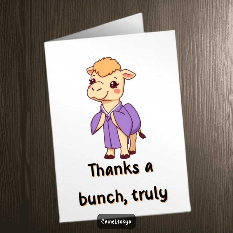 Funny Free Printable Thank You Card: Cheerful camel in purple kimono, bowing, expressing thanks politely.