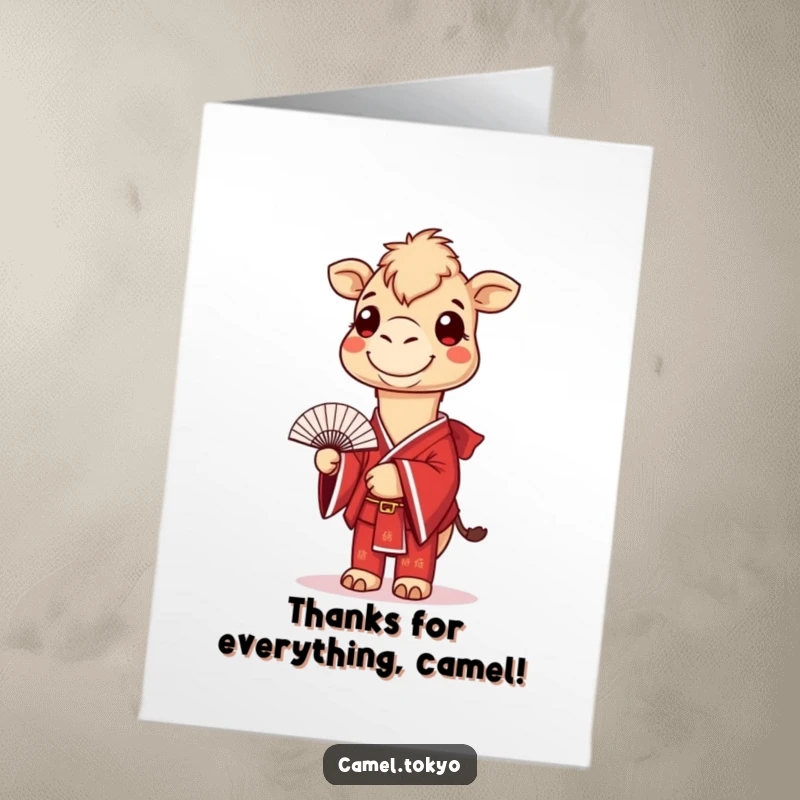 Funny Free Printable Thank You Card: Smiling camel in red kimono holding a fan, expressing gratitude with elegance and a hint of playful humor.