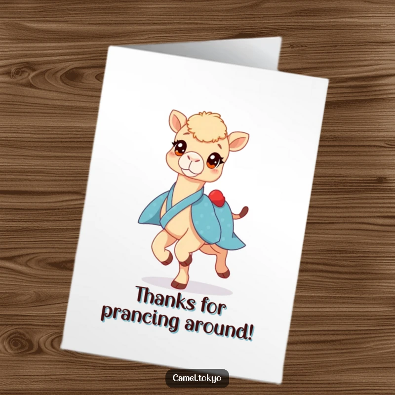 Funny Free Printable Thank You Card: Camel with bright eyes in blue kimono prancing lightly, expressing heartfelt thanks with energetic joy and a smile.