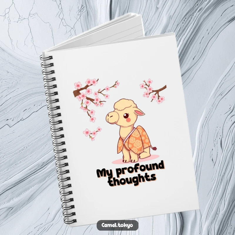 Funny camel wearing a kimono peers at cherry blossoms, ideal for note-taking or sketching.