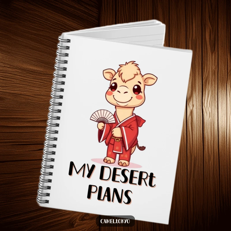 Funny notebook featuring a smiling camel in a red kimono, holding a fan, perfect for writing with a touch of humor.