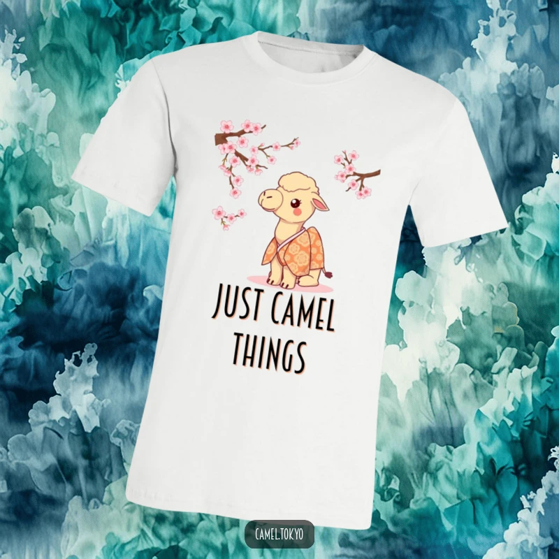 Funny camel wearing a stylish kimono, gazing with curiosity at a cluster of pink cherry blossoms.