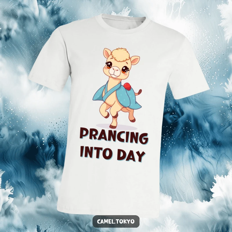 Funny t-shirt featuring a bright-eyed camel in a blue kimono, prancing lightly with enthusiasm, a joyful apparel.