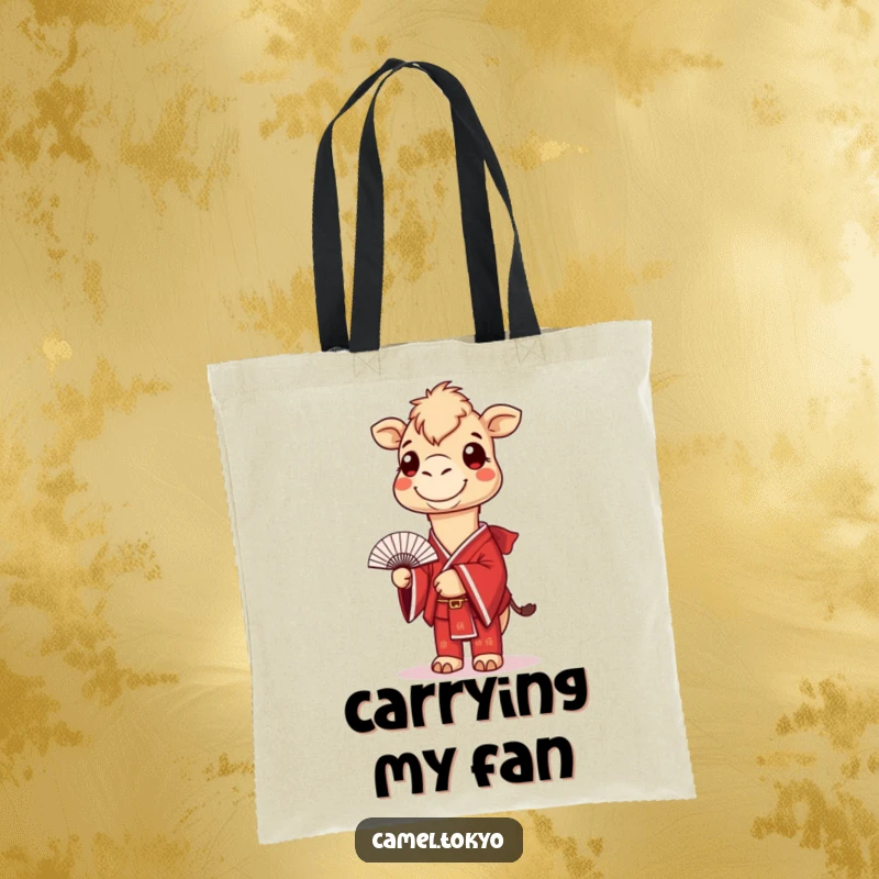 Funny tote bag with a smiling camel in a red kimono holding a fan, a humorous and practical accessory.