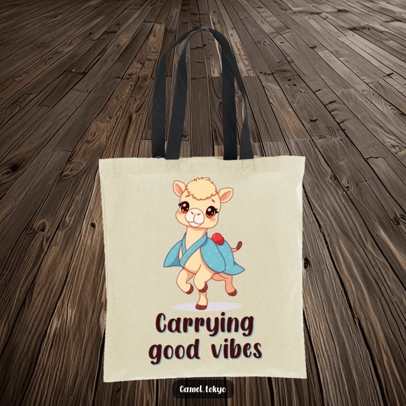 Funny tote bag with a bright-eyed camel in a blue kimono, prancing lightly, a humorous and practical accessory.